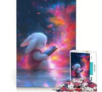 Puzzle per adolescenti da 1000 pezzi con coniglietto che legge un libro in una scena cosmica, giocattolo fai-da-te, taglio di precisione, con pezzi di forma casuale completamente ad incastro, 38x26cm