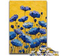 Puzzle per adolescenti da 1000 pezzi con fiori di papavero blu, dipinto a olio, puzzle per adulti, per ammazzare il tempo in vacanza, con poster abbinato e foglio di quiz (50x75cm)