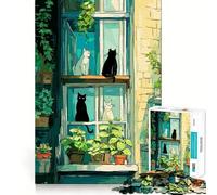 Puzzle per adolescenti da 1000 pezzi con gatti alla finestra e piante,bordi perfetti,divertente gioco di logica,momento di relax,decorazione natalizia (38x52cm)