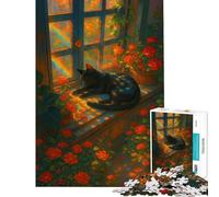 Puzzle per adolescenti da 1000 pezzi con gatto arcobaleno e rose vicino a una finestra Aiuta a stimolare la mente decorazione per la casa giochi rilassanti adatto a persone dai 14 anni in su (38x26cm)