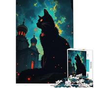 Puzzle per adolescenti da 1000 pezzi con gatto nero e chiesa dell'Europa orientale gioco rompicapo giocattolo intellettuale ottimo regalo per gli appassionati di giochi decorazione da parete (38x52cm)