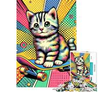 Puzzle per adolescenti da 1000 pezzi con gatto sullo skateboard stile pop art gioco per adulti regalo per la famiglia compleanno e Natale (dimensioni 38x52cm)