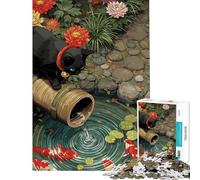 Puzzle per adolescenti da 1000 pezzi con illustrazione di un gatto nero e uno stagno di carpe koi Gioco rompicapo per adulti ideale come regalo per donne o per tutta la famiglia (dimensioni 38x26cm)