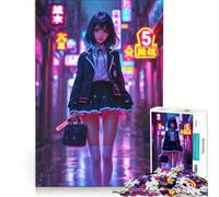 Puzzle per adolescenti da 1000 pezzi con ragazza anime in città al neon, gioco pratico, difficile e stimolante, cerca un gioco impegnativo 38x52cm