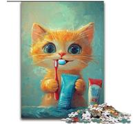 Puzzle per adolescenti da 1000 pezzi, gatto arancione che si lava i denti, gioco per famiglie, antistress, sfida difficile, rafforza l'amore tra coppie (dimensioni 26x38cm)