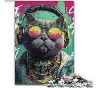 Puzzle per adolescenti da 1000 pezzi Gatto con le cuffie, gioco per famiglie, antistress, sfida difficile, rafforza l'amore tra coppie (dimensioni 26x38cm)
