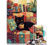 Puzzle per adolescenti da 1000 pezzi, gatto nero che beve caffè, giocattolo educativo antistress, ideale come regalo per tutta la famiglia (38x26cm)