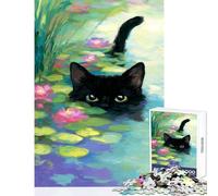 Puzzle per adolescenti da 1000 pezzi,gatto nero nello stagno delle ninfee,decorazione per la casa,giocattoli,regalo divertente,gioco pratico con poster abbinato e quiz,dimensioni del foglio 38x52cm