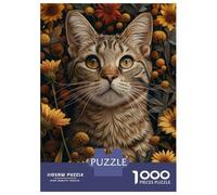 Puzzle Per Adolescenti Da 1000 Pezzi Grey Tabby Cat in Flowers Puzzle Per Adulti Gioco Pratico Migliora La Memoria Interazione Genitore-figlio 70x50cm/1000pcs