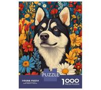 Puzzle Per Adolescenti Da 1000 Pezzi Husky in Flowers Husky Surrounded by Summer Florals Dog Wall Art Print Puzzle Per Adulti Giochi Rilassanti Decorazione Perfetta Gioco Stimolante Regali 70x50cm/1