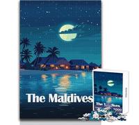 Puzzle per adolescenti da 1000 pezzi, illustrazione notturna del resort sulla spiaggia delle Maldive, divertimento in famiglia, analisi e logica, idee regalo, dimensioni 38x26cm