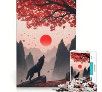 Puzzle per adolescenti da 1000 pezzi: Lupo che ulula sotto il sole rosso e un albero giocattolo antistress sfida impegnativa per rafforzare l'amore tra le coppie 38x26cm