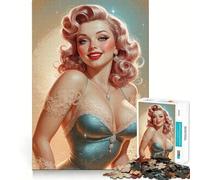 Puzzle per adolescenti da 1000 pezzi,pin-up bionda in abito blu,disegno dai bordi precisi,gioco divertente per concentrarsi,momento di relax,regalo di Natale rilassante 38x52cm