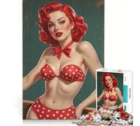 Puzzle per adolescenti da 1000 pezzi: Pin-up dai capelli rossi in bikini a pois rossi Giocattolo educativo divertente e spiritoso compleanno e Natale 50x75cm