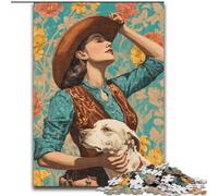 Puzzle per adolescenti da 1000 pezzi raffigurante un cane cowgirl tra i fiori di campo, ideale come regalo educativo per tutta la famiglia dimensioni 26x38cm