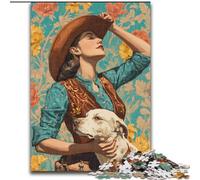 Puzzle per adolescenti da 1000 pezzi raffigurante un cane da cowgirl tra i fiori di campo, ideale come regalo educativo per tutta la famiglia dimensioni 50x75cm