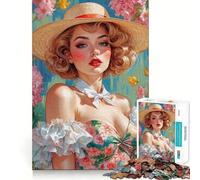 Puzzle per adolescenti da 1000 pezzi Ragazza bionda pin-up con abito floreale e cappello di paglia,grafica di alta qualità,gioco per la concentrazione,divertimento per il tempo libero,regalo di Natale