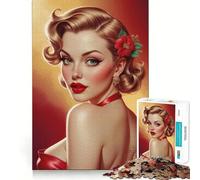 Puzzle per adolescenti da 1000 pezzi,ritratto di una pin-up bionda con abito rosso,disegno dai bordi precisi,gioco divertente e rilassante,regalo di Natale 38x26cm