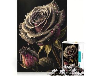 Puzzle per adolescenti da 1000 pezzi Rosa nera con gocce di rugiada, gioco impossibile, rilassante e stimolante per la mente, regalo per donne 38x52cm