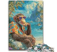 Puzzle per adolescenti da 1000 pezzi, scimpanzé in spiaggia, impegnativo da completare ma divertente e umoristico gioco educativo per il compleanno, 26x38cm