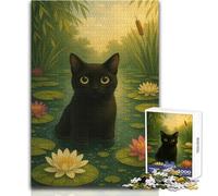 Puzzle per adolescenti "Gatto nero in uno stagno di ninfee", 1000 pezzi, risoluzione dei problemi, divertimento educativo, meravigliosa opzione regalo premurosa, dimensioni 38x26cm