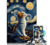 Puzzle per adolescenti "Gatto sotto il cielo notturno", difficili da completare ma divertenti e umoristici, con poster abbinato e foglio di quiz, 38x26cm