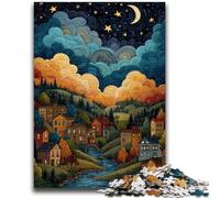 Puzzle per adolescenti Villaggio sotto il cielo notturno, analisi e logica con pezzi completamente interconnessi di forma casuale per bambini dai 14 anni in su 50X75CM