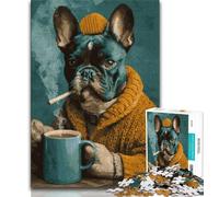 Puzzle per adulti 1000 pezzi Bulldog francese che beve caffè Puzzle per adolescenti interessante riduzione dello stress Interazione genitore-figlio 26x38cm