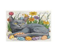 Puzzle per adulti 1000 pezzi, con gatto blu russo primaverile, Pasqua, vintage, uova floreali, gattino, puzzle in legno, divertente decorazione per animali domestici per l'intrattenimento domestico