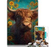 Puzzle per adulti 1000 pezzi difficili mucca delle Highlands girasole, sfida difficile antistress con poster abbinato e foglio di quiz 38x26cm