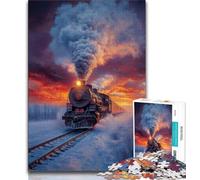 Puzzle per adulti 1000 pezzi difficili "Treno sulla neve al tramonto", gioco stimolante e gioco per famiglie con poster abbinato e foglio di quiz 38x26cm