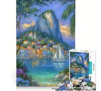 Puzzle per adulti, 1000 pezzi: dipinto di una città costiera con barca a vela e montagna, antistress, taglio di precisione, ideale come regalo per tutta la famiglia 38x26cm