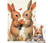 Puzzle per adulti 1000 pezzi Due conigli con fiori e farfalle Decorazione per la casa Giocattoli Ottimo regalo Gioco per famiglie Migliorare l'amore tra coppie Dimensioni 38x52cm