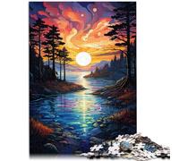 Puzzle per adulti, 1000 pezzi, fiume sotto il tramonto, puzzle difficile, 26 x 38 cm, con poster e quiz abbinati per adolescenti dai 14 anni in su