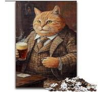 Puzzle per adulti 1000 pezzi Gatto che beve birra, antistress, sfida difficile, regali di Babbo Natale segreto per età 14 anni in su (dimensioni 26x38cm)