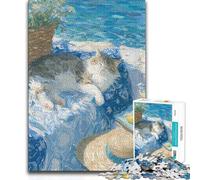 Puzzle per adulti 1000 pezzi "Gatto che fa un pisolino in riva al mare", dipinto per divertimento in famiglia, regalo divertente, adatto a persone dai 14 anni in su, 50x75cm