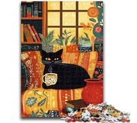 Puzzle per adulti 1000 pezzi Gatto nero che beve caffè Difficile e stimolante con poster abbinato e foglio di quiz per età 14 26x38cm