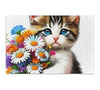 Puzzle per adulti, 1000 pezzi, regalo per gli amanti del puzzle, regalo gag puzzle, puzzle arte animale, gattino, margherite colorate, fiori, 75 x 50 cm