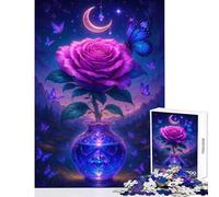 Puzzle per adulti 1000 pezzi Rosa viola in vaso di cristallo con farfalle Decorazione per la casa Giocattoli Opera d'arte Regalo Gioco impossibile Ogni pezzo è unico - Dimensioni 38x52cm