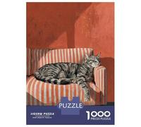 Puzzle Per Adulti 1000 Pezzi Sleeping Tabby Cat on Striped Couch Puzzle Per Adolescenti Giochi Per Famiglie Sfida Difficile Aiuta L'esercizio Del Cervello 52x38cm/1000pcs
