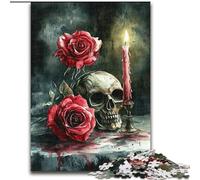 Puzzle per adulti, 1000 pezzi, teschio, rosa rossa, candela, puzzle da 1000 pezzi, idea regalo per le feste, opera d'arte umoristica, opera d'arte dettagliata (dimensioni 26x38cm)
