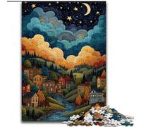 Puzzle per adulti 1000 pezzi Villaggio sotto il cielo notturno, gioco per famiglie antistress, sfida difficile, un'opera d'arte per bambini dai 14 anni in su (dimensioni 26x38cm)