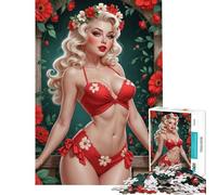 Puzzle per adulti 1000 Pin-up bionda in bikini floreale rosso Giochi rilassanti Sfida per l'intelligenza Giocattoli che creano dipendenza Ottimo regalo Attività per la famiglia (Dimensioni 38x26cm)