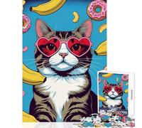 Puzzle per adulti 1000 puzzle Gatto con cuore occhiali e ciambelle Giocattolo educativo Regalo per compleanni Giochi educativi Allena il tuo cervello e le tue mani Dimensioni 38x52cm