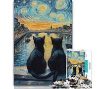 Puzzle per adulti 1000 puzzle Gatto nero sotto il cielo notturno, sfida difficile antistress, regali di Babbo Natale segreto per età dai 14 anni in su 38x26cm