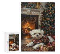Puzzle Per Adulti 300 PCS Christmas Maltese Dog by Fireplace Puzzle Per Adolescenti Giocattolo Decorazione Da Parete Modello Da Assemblare Regali Per Amici E Familiari 300 PCS