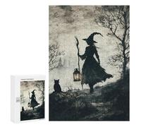 Puzzle Per Adulti 300 PCS Witch And Black Cat in Foggy Forest Puzzle Per Adulti Puzzle Difficile Sfida Difficile E Sfida Rompicapo Giochi Per Famiglie 300 PCS