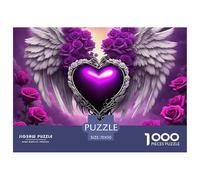 Puzzle per adulti con ali d'angelo: cuore tra le ali, rose viola, gioco educativo di decompressione per adulti, adolescenti e decorazioni per la casa, 70x50 cm/1000 pezzi