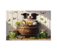 Puzzle per adulti con cane Border Collie per il giorno di San Patrizio, 1000 pezzi, puzzle rustici divertenti in legno stampati con cuccioli, decorazioni per animali domestici per l'intrattenimento