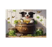Puzzle per adulti con cane Border Collie per il giorno di San Patrizio, 300 pezzi, puzzle rustici divertenti in legno stampati con cuccioli, decorazioni per animali domestici per l'intrattenimento